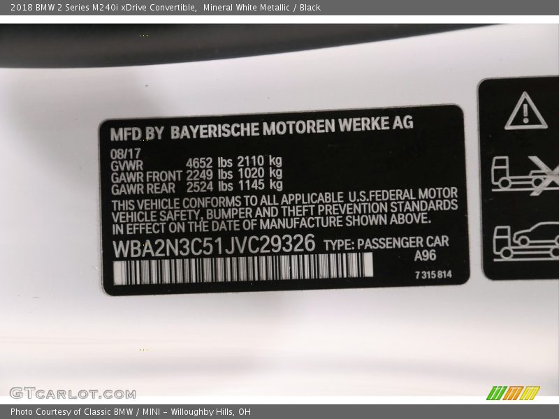Mineral White Metallic / Black 2018 BMW 2 Series M240i xDrive Convertible