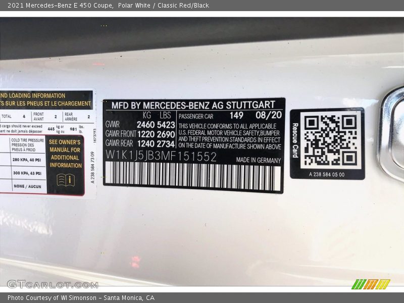2021 E 450 Coupe Polar White Color Code 149