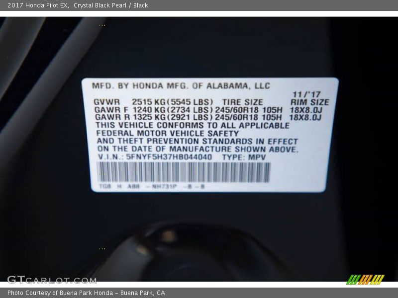 Crystal Black Pearl / Black 2017 Honda Pilot EX