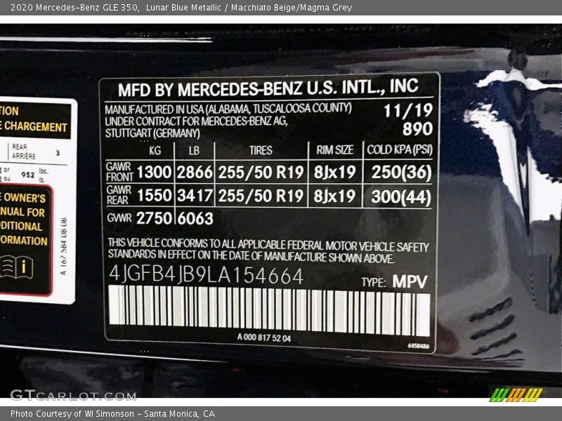 2020 GLE 350 Lunar Blue Metallic Color Code 890