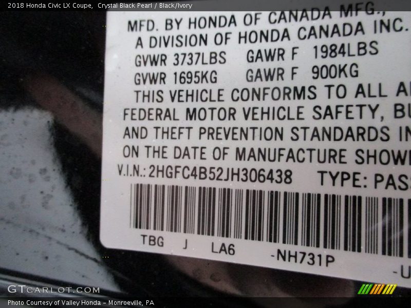 Crystal Black Pearl / Black/Ivory 2018 Honda Civic LX Coupe