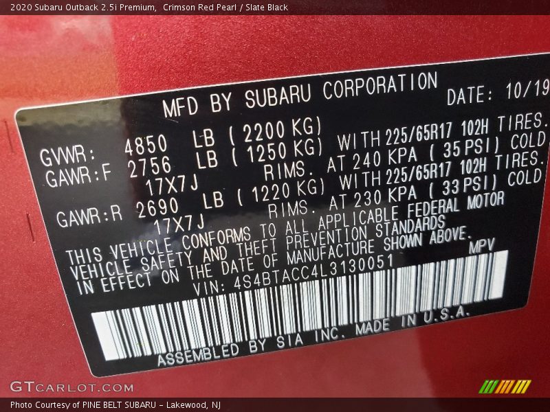 Crimson Red Pearl / Slate Black 2020 Subaru Outback 2.5i Premium