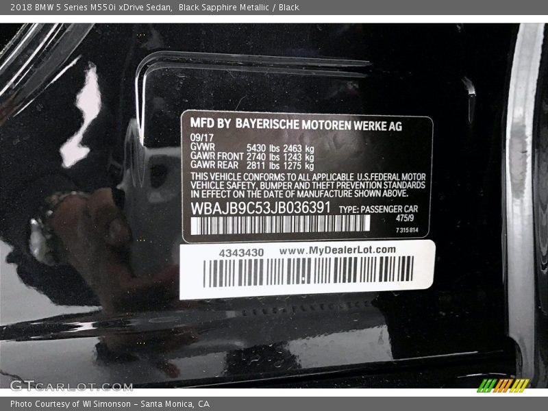 2018 5 Series M550i xDrive Sedan Black Sapphire Metallic Color Code 475