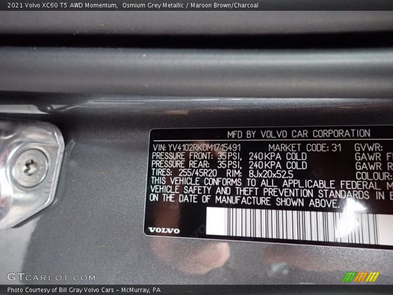 Osmium Grey Metallic / Maroon Brown/Charcoal 2021 Volvo XC60 T5 AWD Momentum