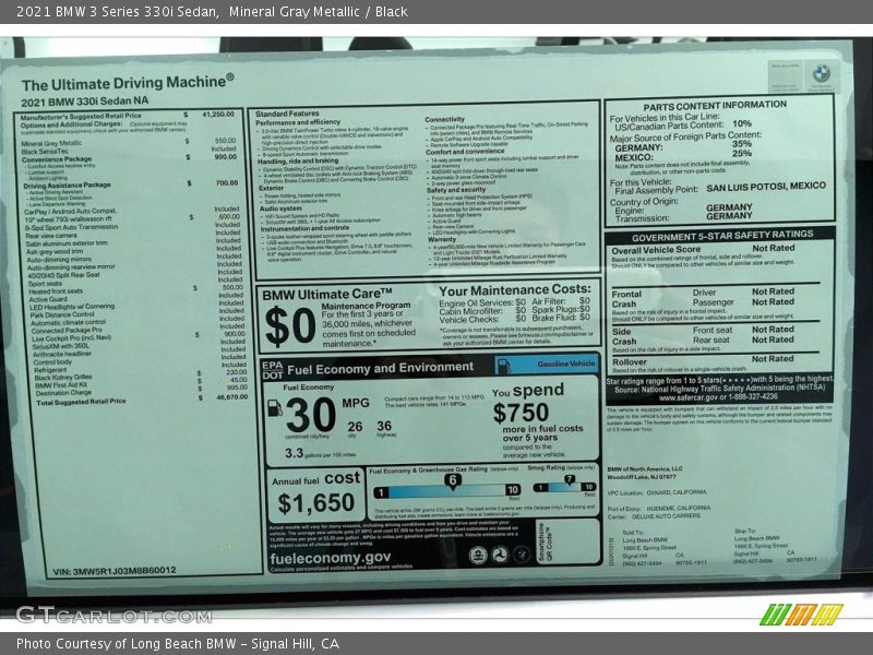  2021 3 Series 330i Sedan Window Sticker