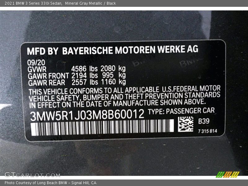 2021 3 Series 330i Sedan Mineral Gray Metallic Color Code B39