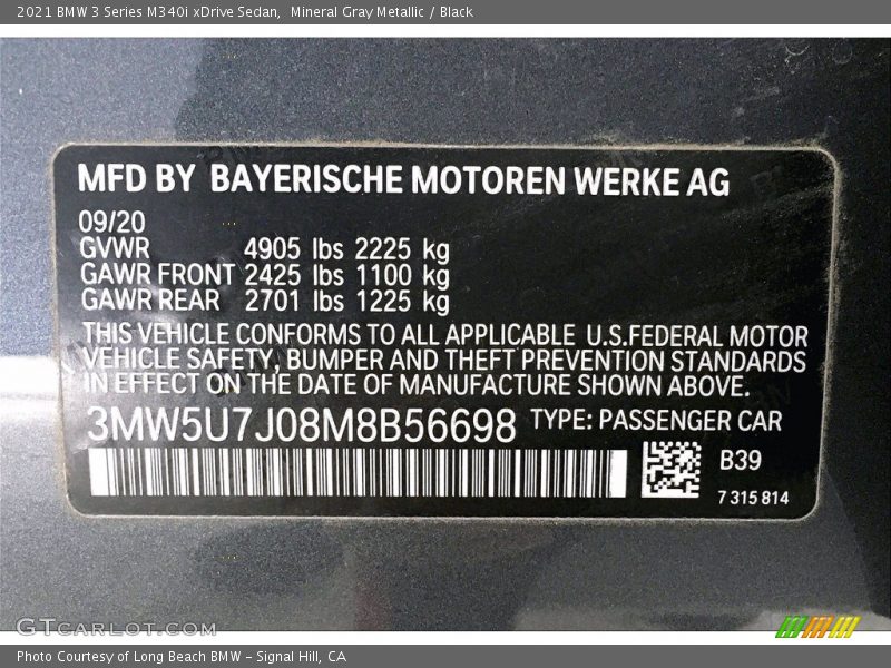 2021 3 Series M340i xDrive Sedan Mineral Gray Metallic Color Code B39