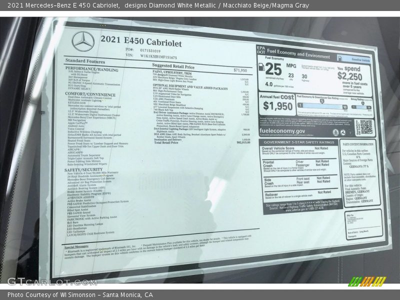  2021 E 450 Cabriolet Window Sticker