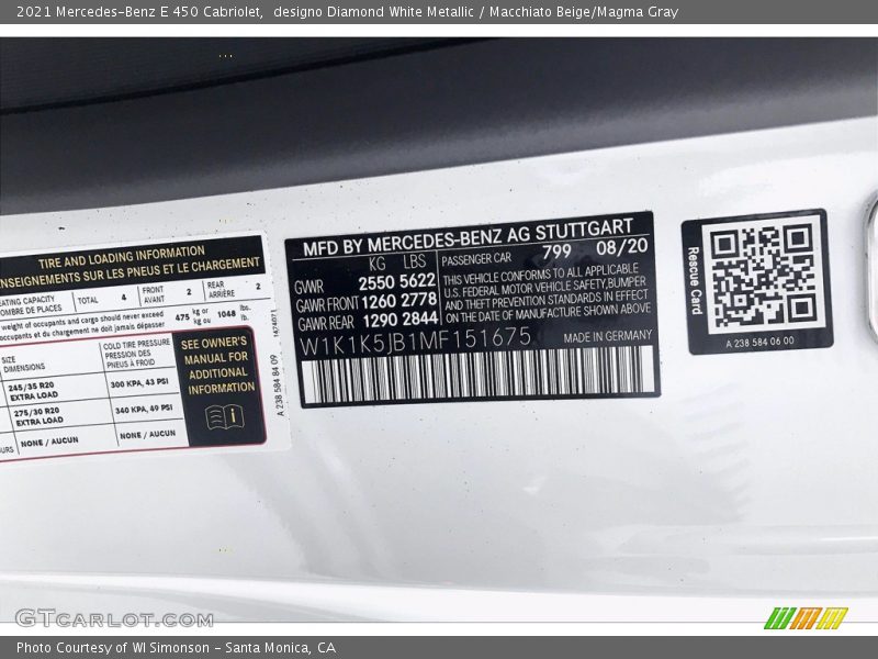 2021 E 450 Cabriolet designo Diamond White Metallic Color Code 799