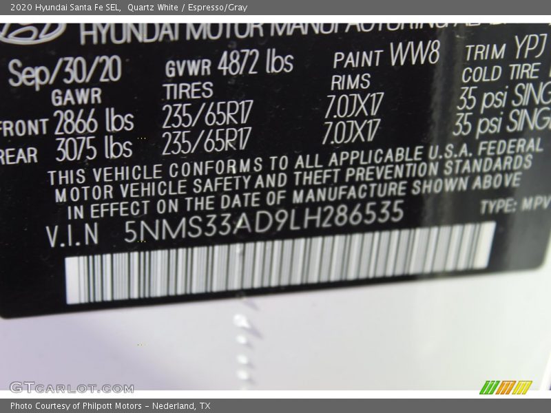 Quartz White / Espresso/Gray 2020 Hyundai Santa Fe SEL