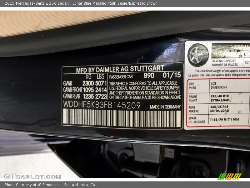 Lunar Blue Metallic / Silk Beige/Espresso Brown 2015 Mercedes-Benz E 350 Sedan