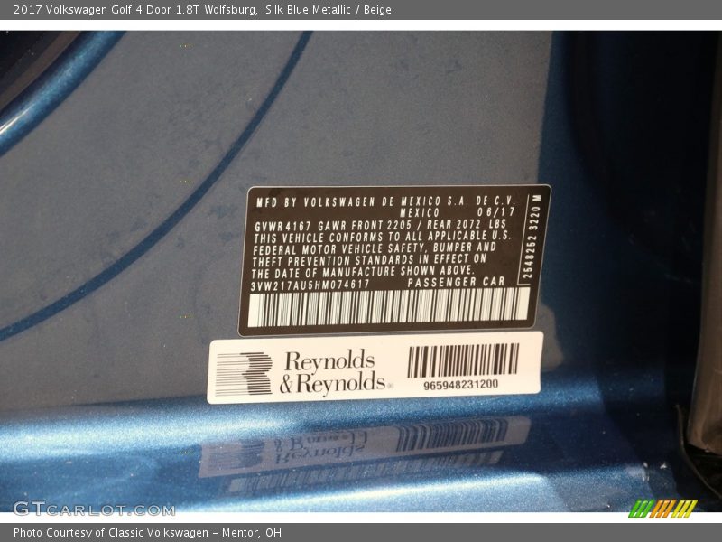 Silk Blue Metallic / Beige 2017 Volkswagen Golf 4 Door 1.8T Wolfsburg