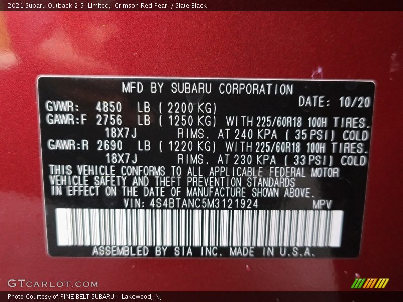 Crimson Red Pearl / Slate Black 2021 Subaru Outback 2.5i Limited