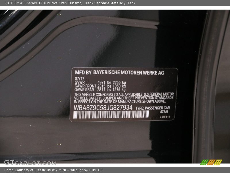 Black Sapphire Metallic / Black 2018 BMW 3 Series 330i xDrive Gran Turismo