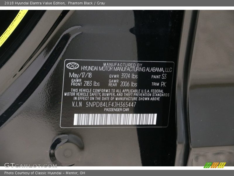 Phantom Black / Gray 2018 Hyundai Elantra Value Edition