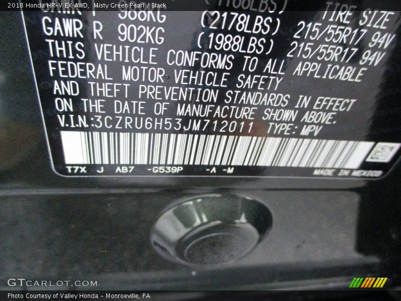 2018 HR-V EX AWD Misty Green Pearl Color Code G539P