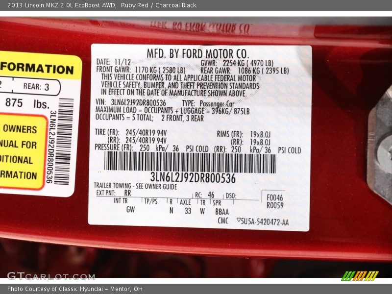 Ruby Red / Charcoal Black 2013 Lincoln MKZ 2.0L EcoBoost AWD