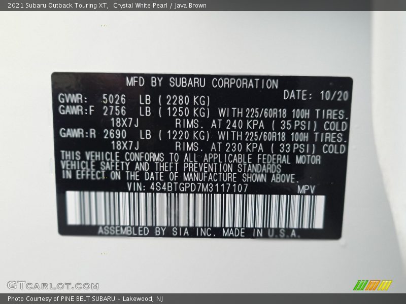 Crystal White Pearl / Java Brown 2021 Subaru Outback Touring XT