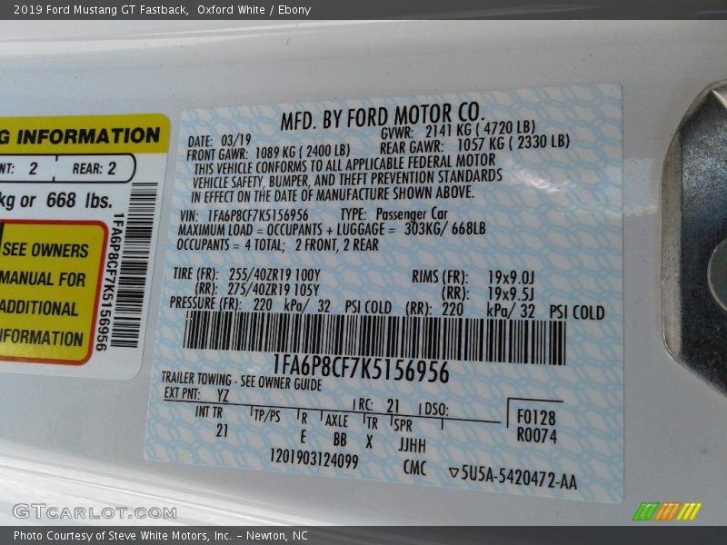 2019 Mustang GT Fastback Oxford White Color Code YZ