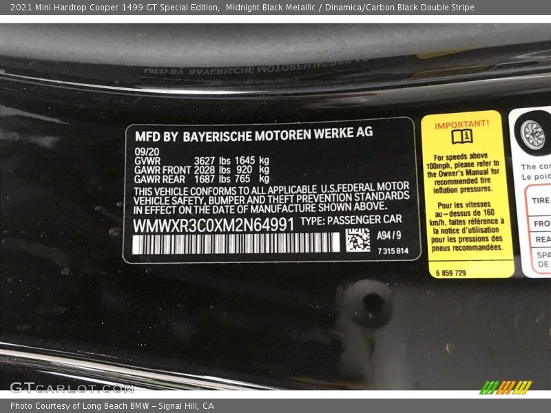 2021 Hardtop Cooper 1499 GT Special Edition Midnight Black Metallic Color Code A94