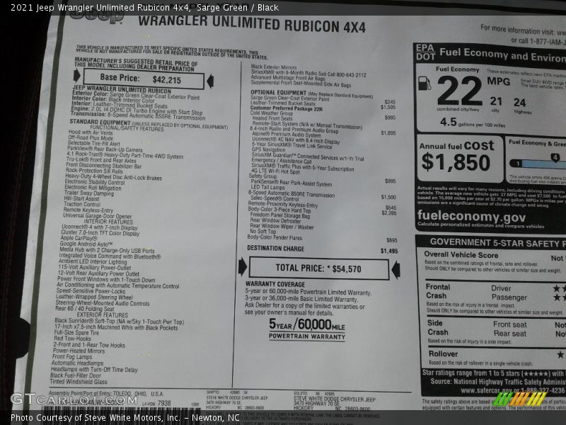  2021 Wrangler Unlimited Rubicon 4x4 Window Sticker