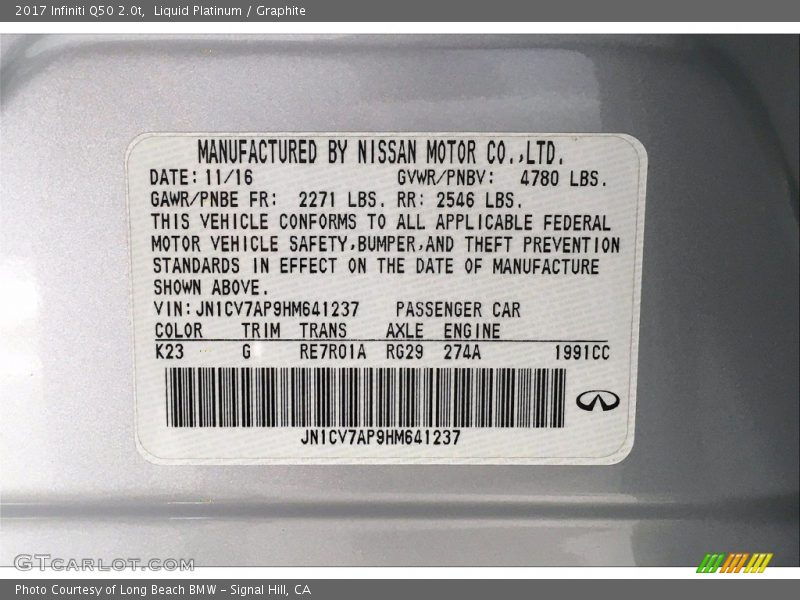 2017 Q50 2.0t Liquid Platinum Color Code K23
