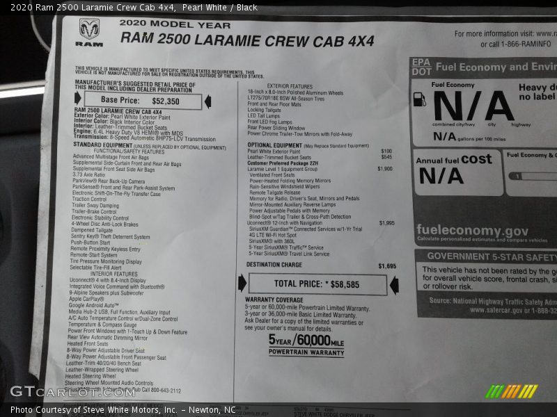 Pearl White / Black 2020 Ram 2500 Laramie Crew Cab 4x4