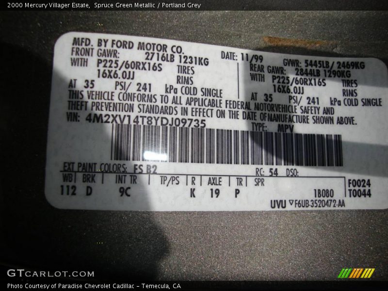 Spruce Green Metallic / Portland Grey 2000 Mercury Villager Estate