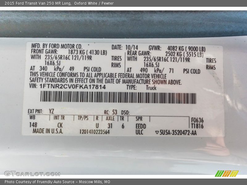 Oxford White / Pewter 2015 Ford Transit Van 250 MR Long