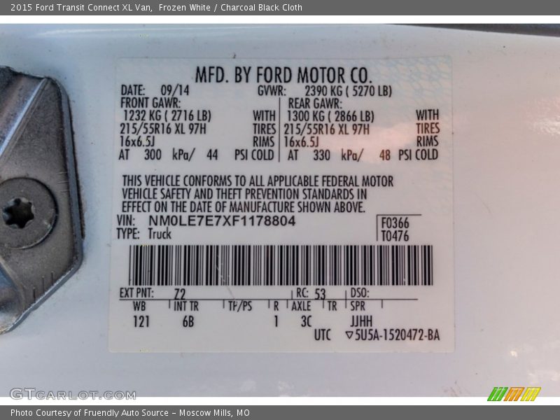 Frozen White / Charcoal Black Cloth 2015 Ford Transit Connect XL Van