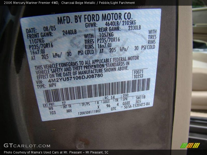 Charcoal Beige Metallic / Pebble/Light Parchment 2006 Mercury Mariner Premier 4WD