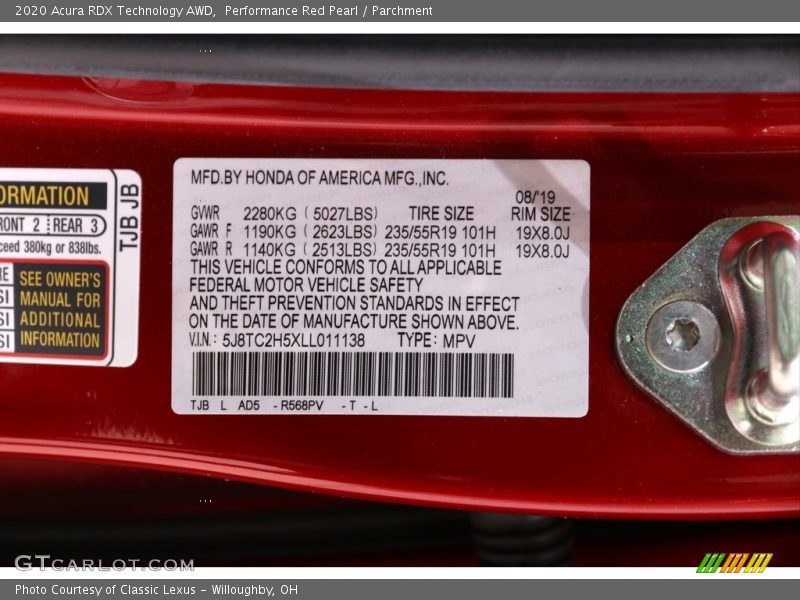 2020 RDX Technology AWD Performance Red Pearl Color Code R568PV