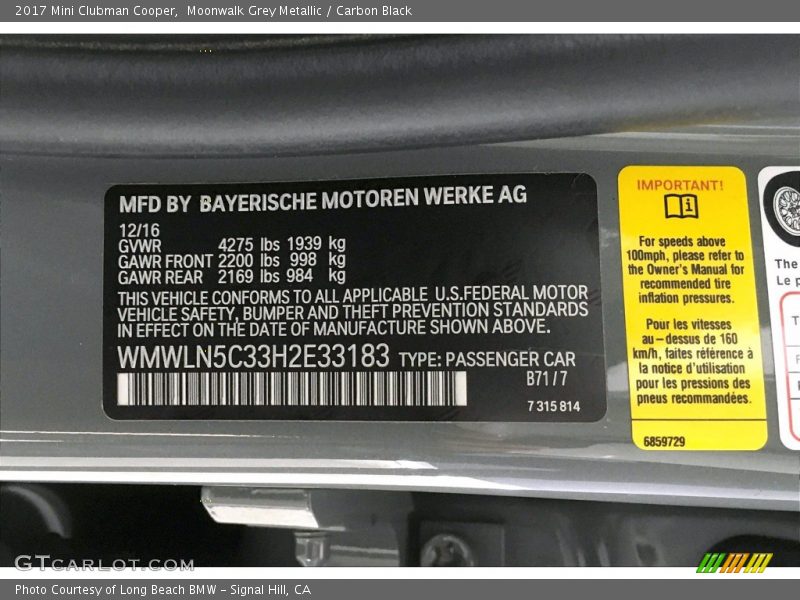 Moonwalk Grey Metallic / Carbon Black 2017 Mini Clubman Cooper