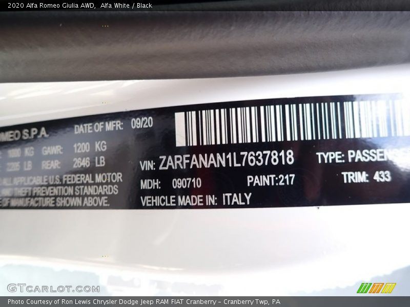 2020 Giulia AWD Alfa White Color Code 217