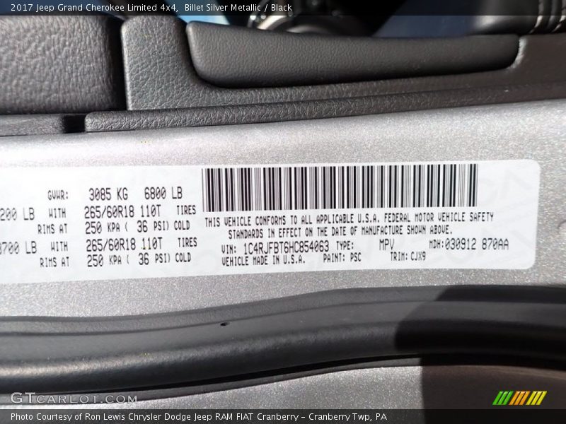 2017 Grand Cherokee Limited 4x4 Billet Silver Metallic Color Code PSC