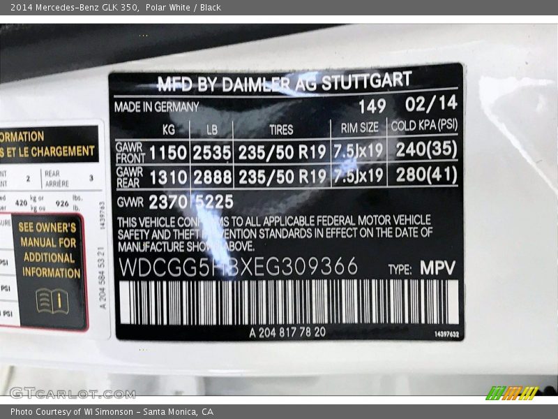 2014 GLK 350 Polar White Color Code 149