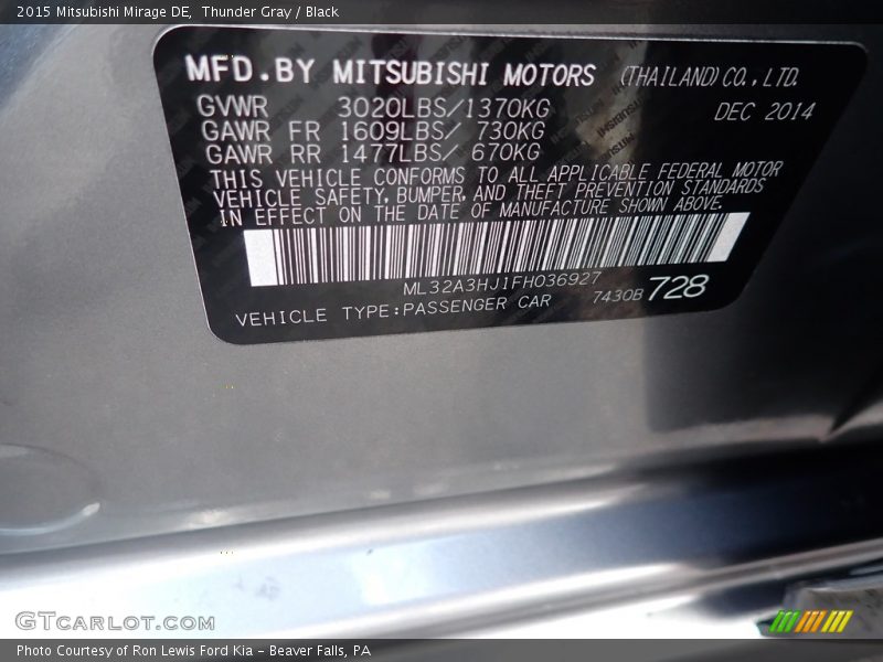 Thunder Gray / Black 2015 Mitsubishi Mirage DE
