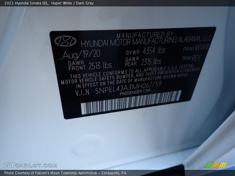 Hyper White / Dark Gray 2021 Hyundai Sonata SEL