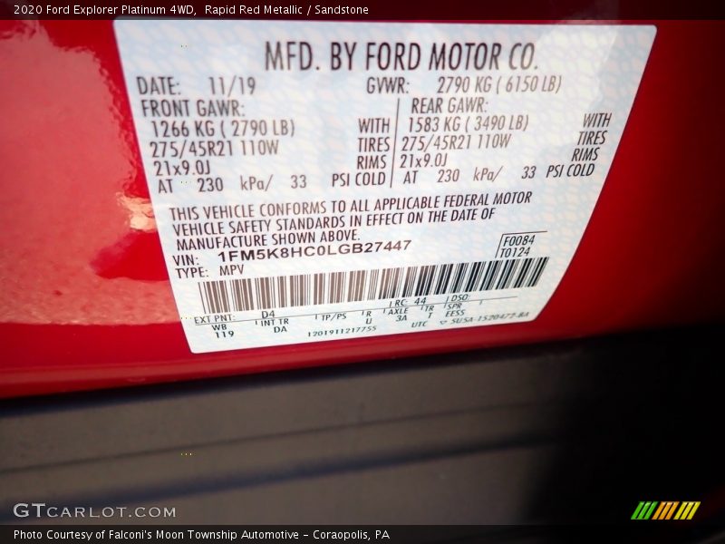 2020 Explorer Platinum 4WD Rapid Red Metallic Color Code D4