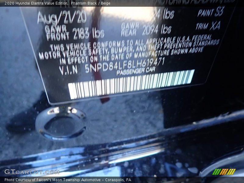 Phantom Black / Beige 2020 Hyundai Elantra Value Edition