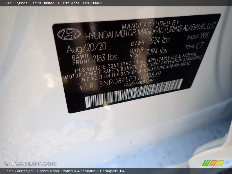 Quartz White Pearl / Black 2020 Hyundai Elantra Limited