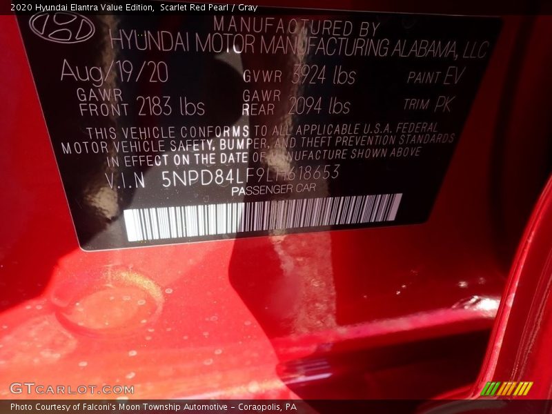 Scarlet Red Pearl / Gray 2020 Hyundai Elantra Value Edition