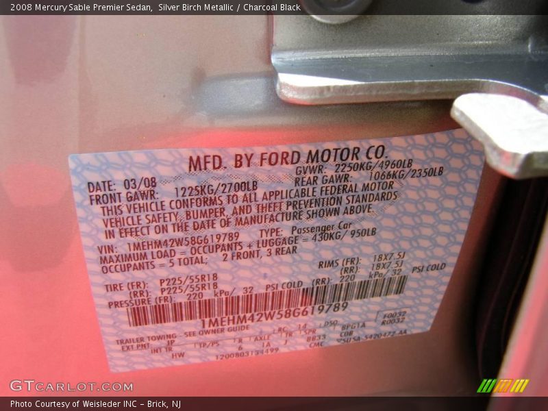 Silver Birch Metallic / Charcoal Black 2008 Mercury Sable Premier Sedan