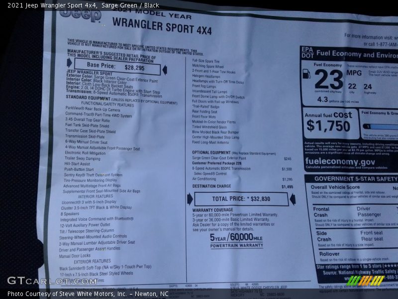  2021 Wrangler Sport 4x4 Window Sticker