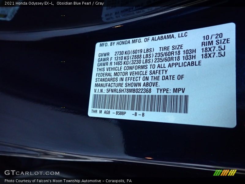 Obsidian Blue Pearl / Gray 2021 Honda Odyssey EX-L