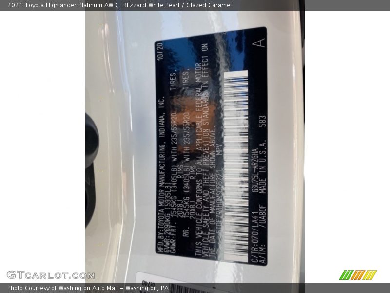 Blizzard White Pearl / Glazed Caramel 2021 Toyota Highlander Platinum AWD
