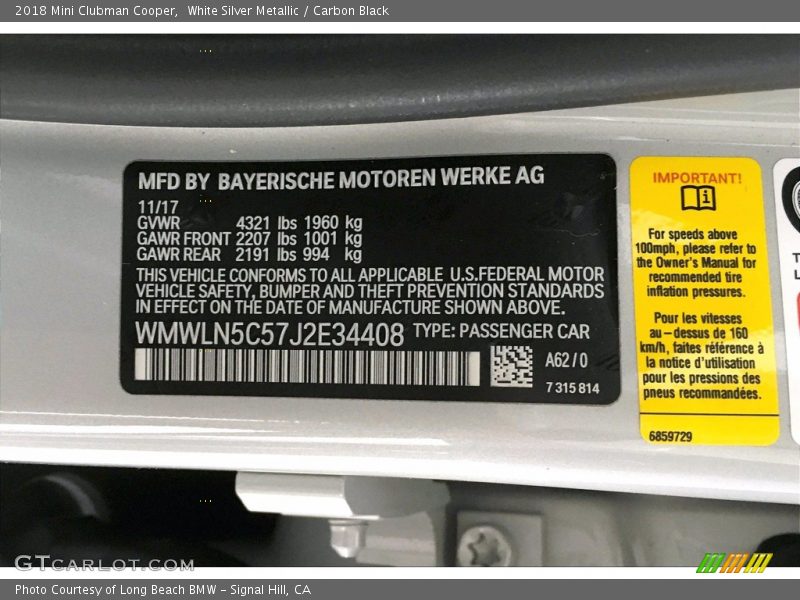 White Silver Metallic / Carbon Black 2018 Mini Clubman Cooper