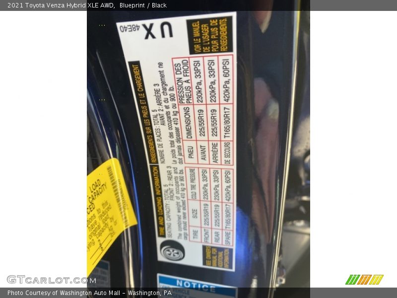Info Tag of 2021 Venza Hybrid XLE AWD