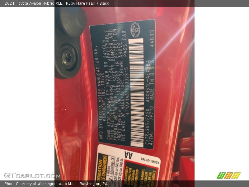 2021 Avalon Hybrid XLE Ruby Flare Pearl Color Code 3U5