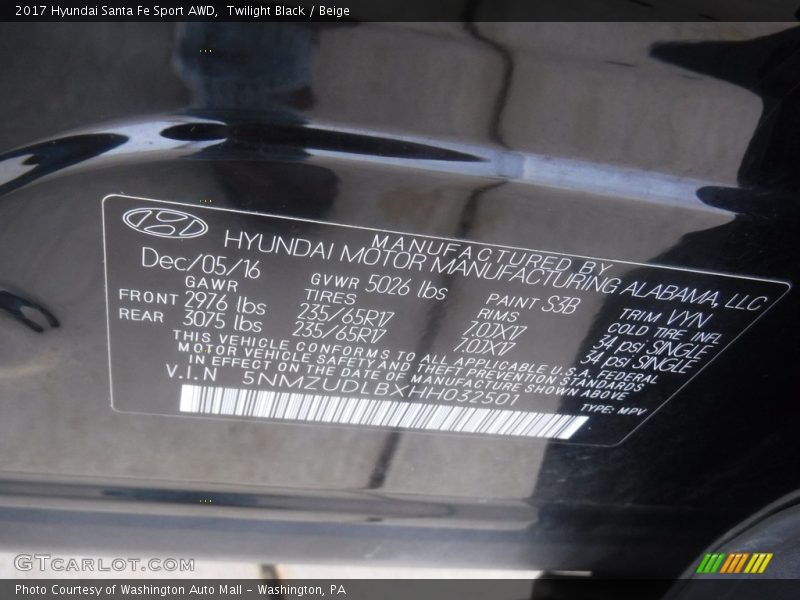 Twilight Black / Beige 2017 Hyundai Santa Fe Sport AWD